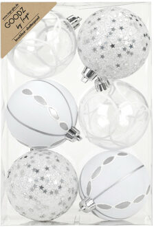 Gedecoreerde kerstballen - 6x st - 8 cm - kunststof - zilver/wit