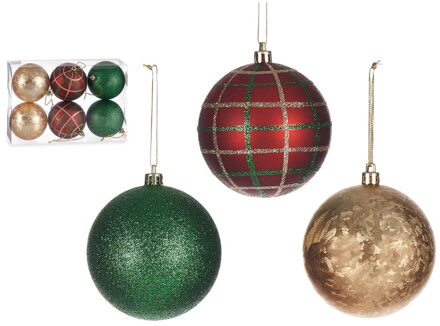 Gedecoreerde kerstballen - 6x st - rood/groen/goud - kunststof - 8 cm Multi