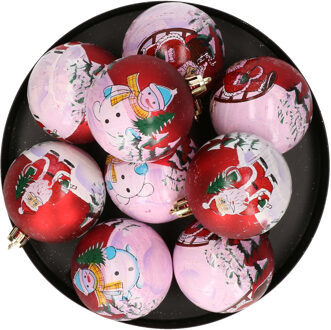 Gedecoreerde kerstballen - 9x stuks - rood - met kerst print - Dia 6 cm - kunststof