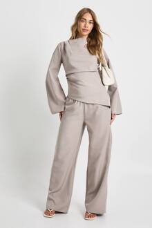 Gedrapeerde Asymmetrische Top & Wijde Pijpen Broek Co-Ord, Mushroom - 34