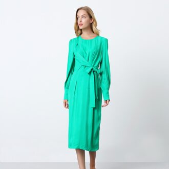 Gedrapeerde jurk met lange mouwen en touw aan de zijkant - maat Groen