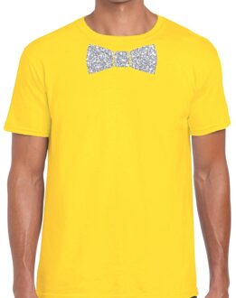 Geel fun t-shirt met vlinderdas in glitter zilver heren 2XL