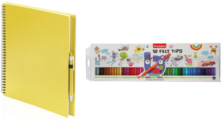 Geel schetsboek/tekenboek met 50 viltstiften - Tekenen/kleuren