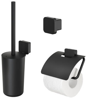 Geesa Accessoires Set Geesa Topaz Toiletborstelhouder Handdoekhaak Klein en Toiletrolhouder Mat Zwart Wit Chroom