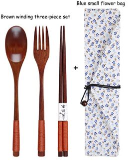 GEEW Draagbare Servies Houten Bestek Sets met Nuttig Lepel Vork Eetstokjes Reizen Servies Pak met Doek bag bruin blauw bloem