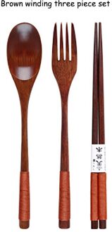 GEEW Draagbare Servies Houten Bestek Sets met Nuttig Lepel Vork Eetstokjes Reizen Servies Pak met Doek bag bruin winding