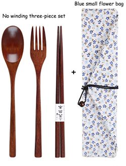GEEW Draagbare Servies Houten Bestek Sets met Nuttig Lepel Vork Eetstokjes Reizen Servies Pak met Doek bag nee blauw bloem