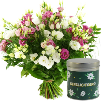 Gefeliciteerd boeket + snoep blikje gefeliciteerd