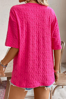 Gegraveerde Bloemen Korte Mouwen Top - maat L Stoffig Roze