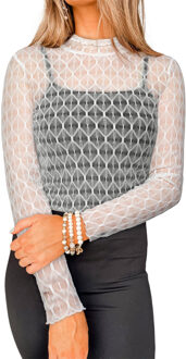 Gehaakt Langschoudertop met Hoge Kraag Wit