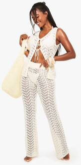 Gehaakte Broek Met Wijde Pijpen, Cream - L