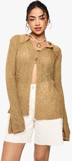 Gehaakte Cardigan Met Kraag En Textuur, Stone - L
