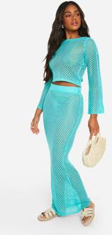 Gehaakte Crop Top En Maxi Rok Gebreide Set, Turquoise