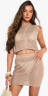 Gehaakte Crop Top Met Knopdetail En Mini Rok Co-Ord, Mocha
