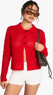 Gehaakte Gebreide Cardigan Met Kraag En Knoop-Doorloop, Red - S