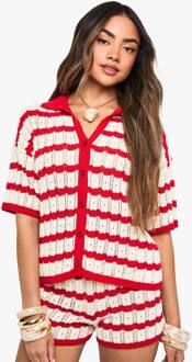 Gehaakte Gestreepte Overhemd Met Kraag En Korte Broek Set, Red
