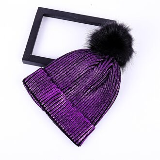 Gehaakte Muts Meisje Solid Leuke Pompom Beanie Herfst Winter Haarbal Vrouwen Hoeden Warm Gebreide Winddicht Metallic Shiny Soft Paars
