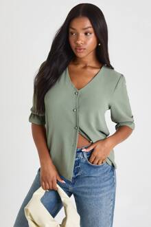 Gehamerde Blouse Met Pofmouwen En Knoopsluiting Aan De Voorkant, Olive - 36