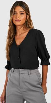 Gehamerde Pofmouwen Blouse Met Knopen Aan De Voorkant, Black - 36