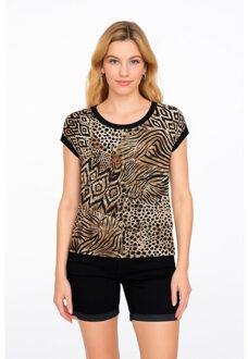 Geisha T-shirt with rib jersey aop dessin - maat M Bruin