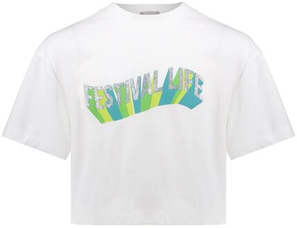 Geisha zomer t-shirt meisjes - festival life - off wit / aqua / lime - Maat 140