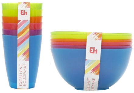 Gekleurde drinkbekers en schaaltjes 12-delig kunststof