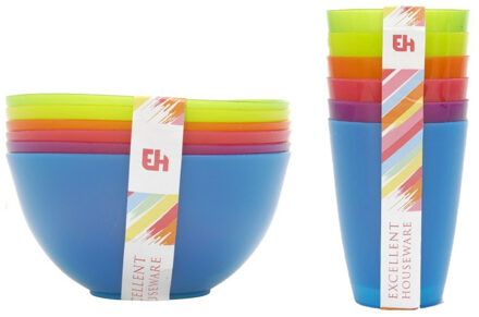 Gekleurde drinkbekers en schaaltjes 24-delig kunststof