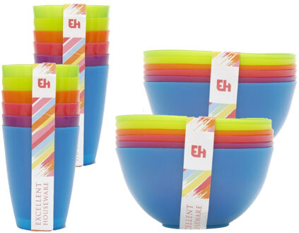 Gekleurde drinkbekers en schaaltjes 48-delig kunststof