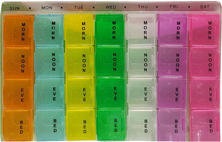 Gekleurde medicijnen doos/pillendoos 28-vaks wit 17 cm - Pillendoosjes