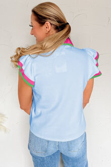 Gekraagde Korte Mouwen Top met Bies - maat L Lichtblauw