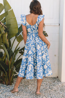 Gelaagde Bloemen Midi-jurk Blauw