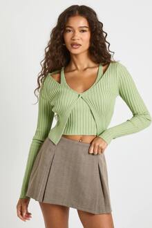 Gelaagde Crop Top En Gebreide Cardigan, Sage - L