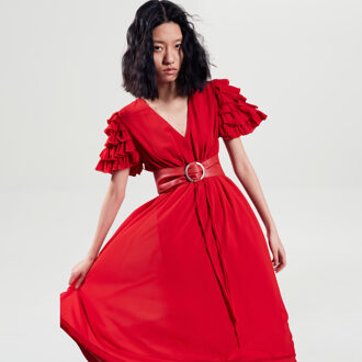 Gelaagde franjes schouder lange jurk Rood