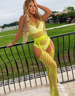 Gele Body en Jarretelkousen, DateNight - Maat: S/L