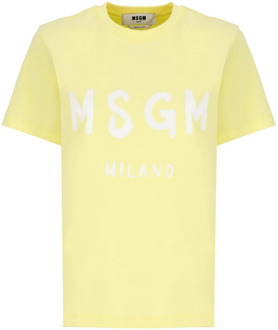 Gele Katoenen T-shirt Ronde Hals Korte Mouwen Msgm , Yellow , Dames - M,S,Xs
