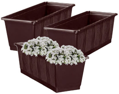 Geli Plantenbak kunststof - 3x - donkerbruin - rechthoekig - 40 x 18 x 15 cm - balkonbak
