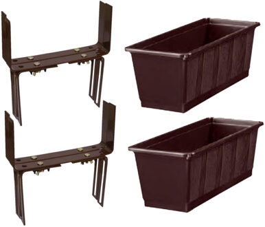 Geli Set van 2 kunststof plantenbakken bruin rechthoekig 60 cm met 4 verstelbare balkon/muurbeugels