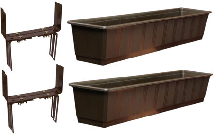 Geli Set van 2 kunststof plantenbakken bruin rechthoekig 80 cm met 4 verstelbare balkon/muurbeugels