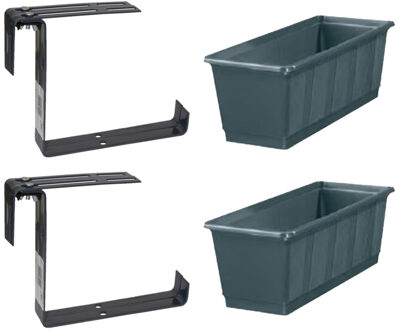 Geli Set van 2 kunststof plantenbakken grijs rechthoekig 40 cm met 4 verstelbare railing beugels