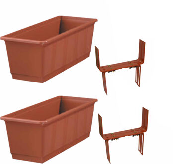 Geli Set van 2 kunststof plantenbakken terracotta rechthoekig 40 cm met 4 verstelbare balkon/muurbeugels
