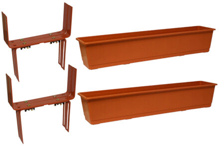 Geli Set van 2 kunststof plantenbakken terracotta rechthoekig 80 cm met 4 verstelbare balkon/muurbeugels