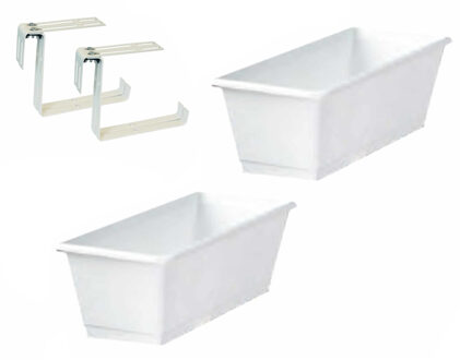 Geli Set van 2 kunststof plantenbakken wit rechthoekig 40 cm met 4 verstelbare railing beugels