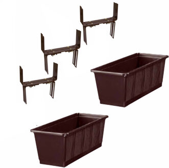 Geli Set van 3 kunststof plantenbakken bruin rechthoekig 40 cm met 6 verstelbare balkon/muurbeugels