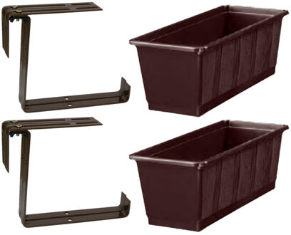 Geli Set van 3 kunststof plantenbakken bruin rechthoekig 60 cm met 6 verstelbare railing beugels