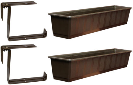 Geli Set van 3 kunststof plantenbakken bruin rechthoekig 80 cm met 6 verstelbare railing beugels