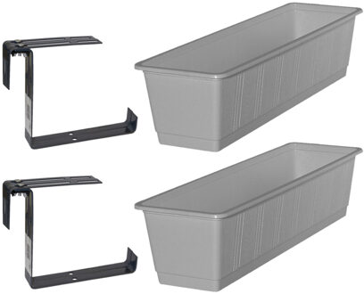 Geli Set van 3 kunststof plantenbakken grijs rechthoekig 60 cm met 6 verstelbare railing beugels