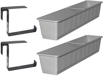 Geli Set van 3 kunststof plantenbakken grijs rechthoekig 80 cm met 6 verstelbare railing beugels