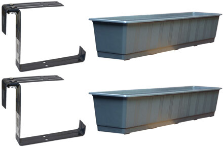 Geli Set van 3 kunststof plantenbakken grijs rechthoekig 80 cm met 6 verstelbare railing beugels