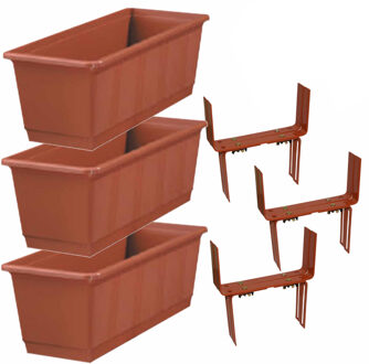 Geli Set van 3 kunststof plantenbakken terracotta rechthoekig 40 cm met 6 verstelbare balkon/muurbeugels
