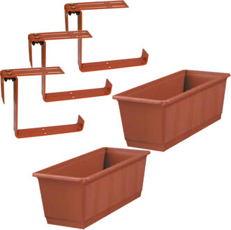 Geli Set van 3 kunststof plantenbakken terracotta rechthoekig 40 cm met 6 verstelbare railingbeugels